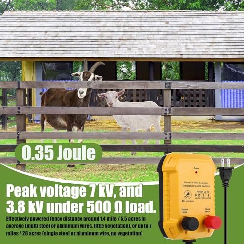 Electric Fence Charger Kit 0.15J 2 Mile 50 Insulators 250ft Wire | 110VAC Plug in Energizer, Aluminum Wire for Poultry Pets, Socket Tool, Garden Pond Protection, AC Powered Outdoor Containment - style: 0.15 Joule