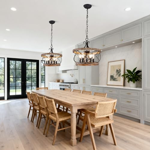20'' Farmhouse Chandelier for Dining Room Rustic Chandelier | 5-Light Hanging Light Fixture over Table Wood Drum Pendant Hanging Lamp, Adjustable Height for Kitchen Entryway Living Room - color: 20" Wood Drum
