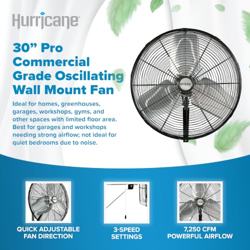 Hurricane Pro Commercial Grade Oscillating Wall Mount Fan, Black, 30in | Heavy-Duty All-Metal Corded Air Cooling Unit for Home, Garage, Greenhouse & Workshop - style: 30" Pro Commercial Grade