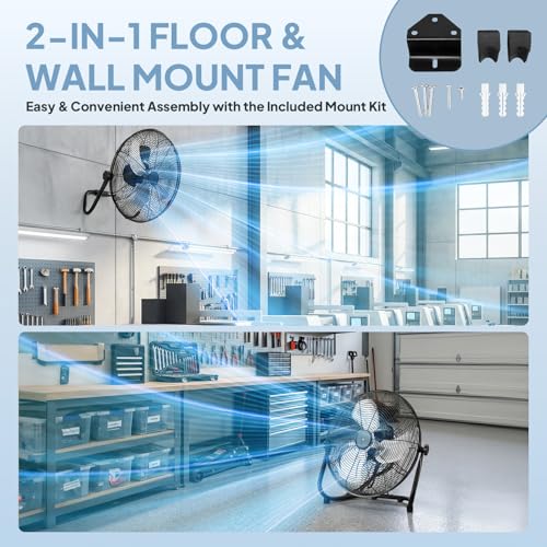 Bonnlo 16-inch Heavy Duty Floor & Wall Mount Fan with Wall-Mounting System, 3-Speed High Velocity Metal Industrial Shop Fan with Adjustable Tilt, Cooling for Garage, Gym, Workshop and Warehouse - size: 16'' (Black)