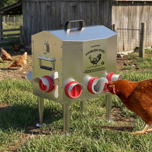Large Automatic Chicken Feeder, 55 lb Capacity, 8 Feeding Ports, Upgraded Stainless Steel Poultry Feeder, No-Waste Design, Adjustable Legs & Lockable Lid for Coop, Ducks & Turkeys