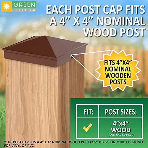 GreenLighting 4x4 Aluminum Pyramid Post Cap Cover (Brown 4 Pack) Fits 4x4 Nominal Wood (True 3.5 x 3.5) Powder Coated Matte Outdoor Post Caps Cover, Fence Wood Post, Decking, Waterproof - color: Brown 4x4, size: 4 Pack