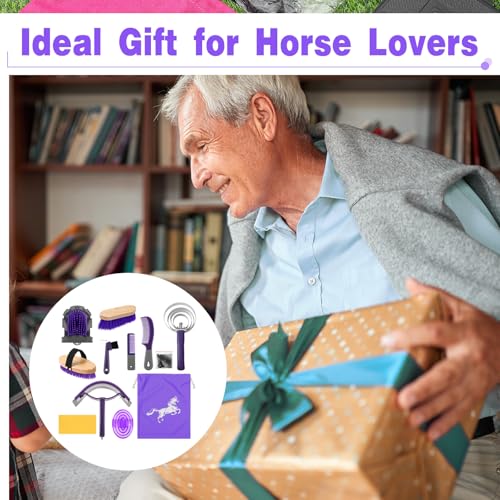 Abbylike 12 Pieces Horse Grooming Kit Racing Festival Tack Room Supplies Horse Brush Sets Equine Care Cleaning Kit Shedding Grooming Massaging Tools(Gray and Purple) - color: Gray and Purple