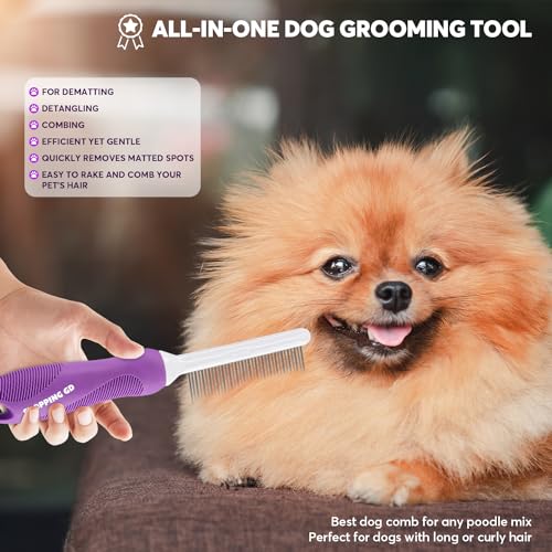 Detangling Pet Comb for Dogs & Cats with Long & Short Stainless Steel Metal Teeth for Removes Tangles and Knots - Detangler Grooming Tool for Dematting Matted Fur.