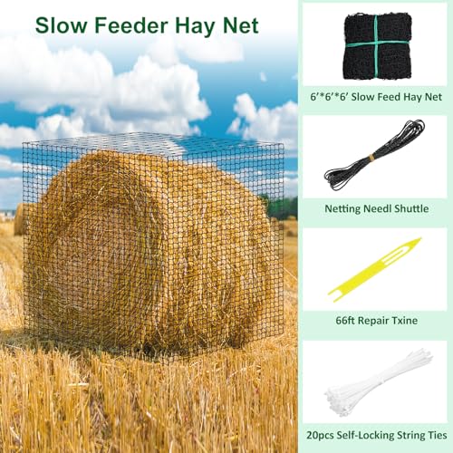 6x6ft Round Bale Hay Net for Horses, Large Thick & Durable Nylon Knotless Slow Feeder Hay Nets for Horses and Goats Healthier Feeding Solution - size: 6*6 Ft