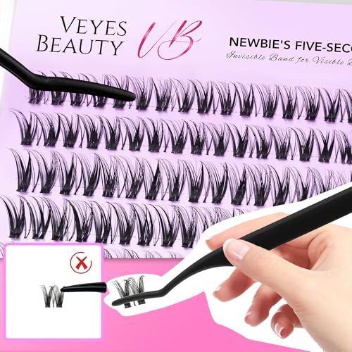 VEYESBEAUTY Ribbon Lash Clusters Kit Newbie's Five-Second Series Eyelash | Individual Eyelash Extensions Kit Thin & Invisible Band DIY Volume Eyelashes Kit Wispy Lash With Bond&Seal Remover Applicator - size: 8-16 mm