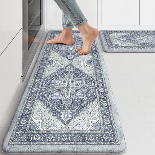 KIMODE Anti Fatigue Kitchen Mat, Cushioned Kitchen Mats for Floor 2 piece | Boho Vintage Kitchen Rugs, Comfort Foam Standing Desk Mat for Laundry, Office, Sink, Apartment Navy Blue 17"x47"+17"x29" - color: Navy Blue, size: 17.3" x 47"+17.3" x 29"--0.47 in