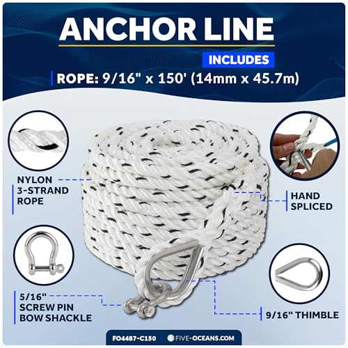Five Oceans Anchor Line 9/16" x 150', Anchor Rope Line, Marine Premium 3-Strand White Nylon Boat Anchor Rope - Stainless Steel Thimble and Shackle, Ideal for Mooring Anchoring Towing - FO4487-C150 - style: 9/16 inch x 150 ft