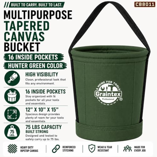 Graintex Tapered Canvas Bucket 12"x10"x15", Utility Tool Bucket 16 Inside Pockets, Reinforced Base & Carry Handle, Ripstop Canvas, Multi-Purpose Bag for Jobsite & Home Use for Tool Storage Solutions - color: Hunter Green