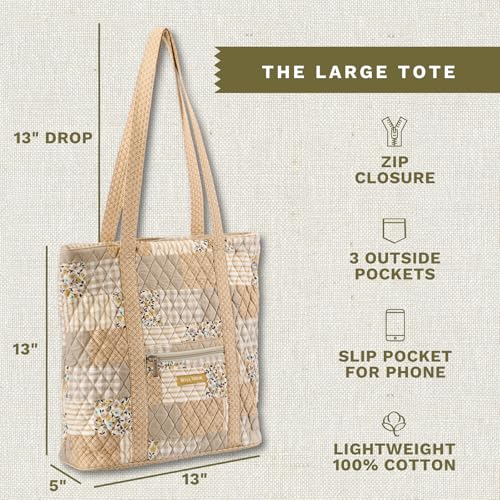 Bella Taylor Large Tote, Quilted Shoulder Bag for Women | Lightweight, 6-pocket large quilted purse, machine washable, zippered top, ultimate organization, durable construction - color: Prairie Meadow Patch