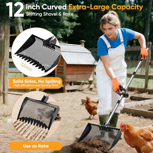 12inch Chicken Poop Scooper & Rake 2-in-1 with Adjustable Handle | Heavy Duty Metal Chicken Coop Scoop for Sand, Adjustable Angle Stainless Steel Chicken Coop Rake Litter Sifting Shovel 37-64" - color: Black