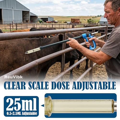 25ml Repeating Livestock Syringe Gun–Long Pole Veterinary Injector | with 5 Dose Settings, Ergonomic Grip, Clear Barrel & Luer Lock for Cattle, Horses, Goats, Sheep, Pigs - size: 25ML
