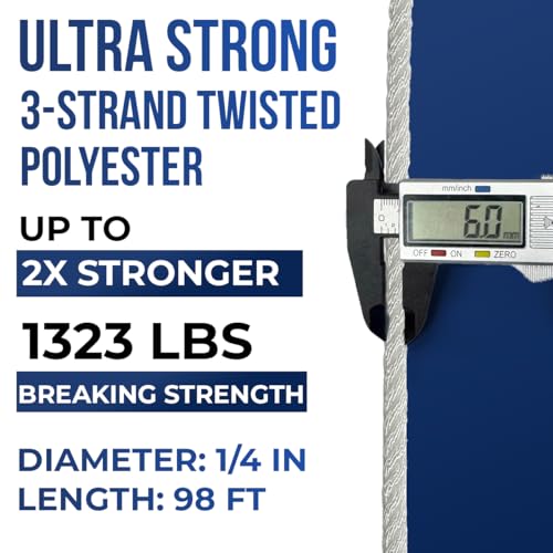 1323lbs Heavy Duty PP/Polyester/Nylon Rope, White, 1/4inX98FT | Weather-Resistant & Waterproof Rope for Pool, Camping, Construction & Rigging Applications - color: White, size: 1/4in X 98FT