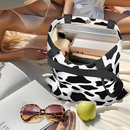 Canvas Tote Bag for Women，Cute Heavy-Duty Shoulder Bag with Zipper Pocket -Travel Tote for Grocery, Gym,Shopping - color: Black White Cowhide