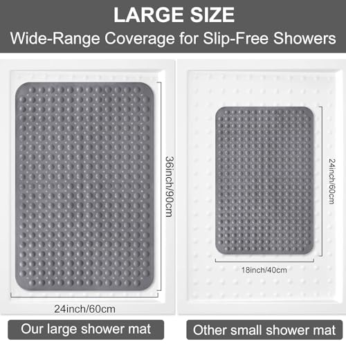 Shower Mat Non Slip, 36" x 24" Large Shower Floor Mat with Drain Holes and Suction Cups, Soft TPE Anti Slip Shower Stall Mats for Inside Shower, Machine Washable, Grey - color: Grey