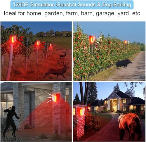 Solar Security Alarm Lights, 129dB Gunshot Sounds & Dog Barking Sound & Light Strobe Light Warning Lamp for Outdoor Farm Barn