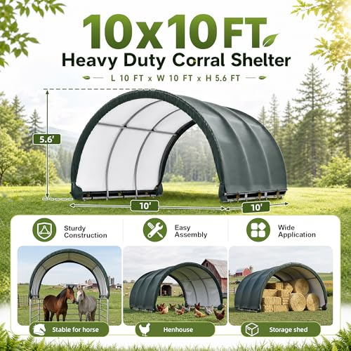 Polar Aurora 10'x10' Corral Shelter, Heavy Duty Round Style Canopy, Waterproof and UV Treated Canvas Cover, Easy Assembly Stable and Agricultural Storage and Shade Shed Kit for Livestock, Green - size: 10x10 FT