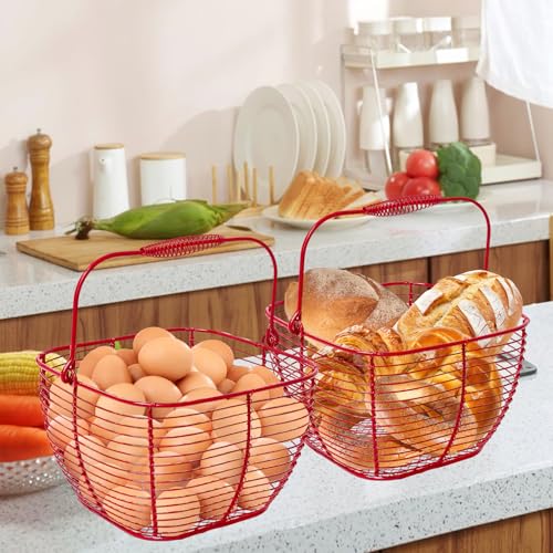 2 PCS Wire Egg Baskets for Gathering Fresh Eggs with Handle 7 Inch Red Square Metal Chicken Duck Eggs Collecting Countertop Basket Egg Holder Farmhouse Fruit Storage Container