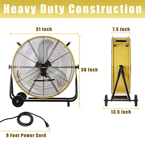 HiCFM 24" Industrial Drum Fan 3-Speed Heavy Duty Metal Air Circulator | 8800 CFM High Velocity Industrial Fan with Casters Handle for Basement Warehouse Factory workshops - style: 24" Drum Fan with Wheels