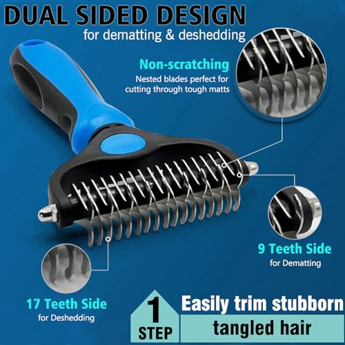 3PCS Dog Grooming Brush - Dog Brush for Shedding Massaging Bathing - Double Sided Shedding, Dematting Undercoat Rake - Self Cleaning Slicker Comb for Dogs and Cats with Long or Short Coats - color: Grey-3Pcs