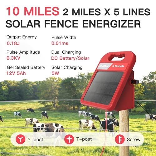 10 Mile Solar Fence Charger 0.18J Electric Fence Energizer with Day Night Mode 24-Hour Protection Red - size: 0.18J-Red
