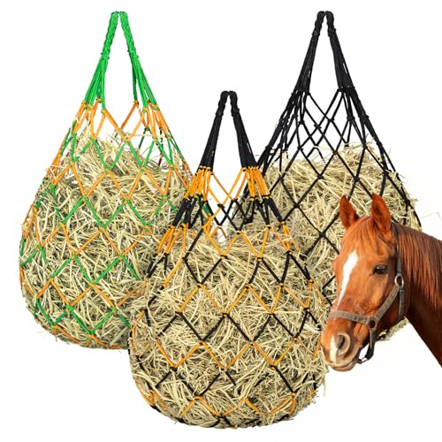 YedsIntu 3 Pcs Hay Bags for Horses, Hay Nets for Horses Goat Sheep,Goat Hay Feeder for Slower Feeding,Strong Load-Bearing Hay Bag Hanging for Horse Stable Trailer - color: Green,Black,Yellow