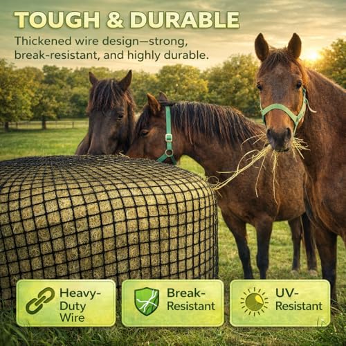 5x5 ft Round Bale Hay Net – Slow Feeder for Horses & Livestock, Extra Dense 2" Knotless Holes, Durable & Healthy Feeding Solution - size: 5 x 5 ft