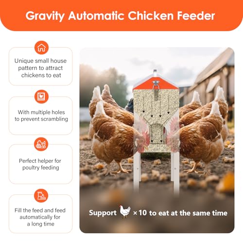 15lbs Automatic Chicken Feeder - 10 Feeding Ports Duck Feeder | No Waste Poultry Feeder, Large Feeding Though Dispenser for Chickens Duck, Galvanized Metal Material, Sturdy And Durable