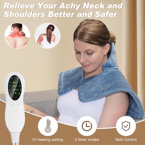 SEISSO Heating Pad for Shoulder Back Neck Knee Leg Pain, Electric Blanket | Soft Electric Heated Wrap With 3 Timer Options, 10 Heat Settings, Auto-Off, Cozy Warmth Gifts for Home, Office Women Men - color: Blue