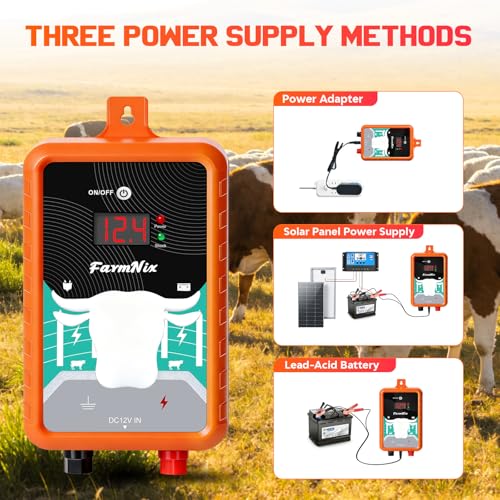 15Miles Electric Fence Charger with ON/Off Switch, 4J Energy Output 12KV Voltage,AC DC Electric Fence Charger with LED Display for Preventing Wild Animals Intruding Great for Gardens,Poultry
