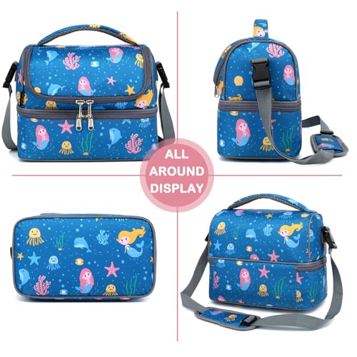 FlowFly Double Decker Cooler Insulated Lunch Bag Large Tote for Boys, Girls, Men, Women, With Adjustable Strap (Blue-Mermaid) - color: Blue-Mermaid
