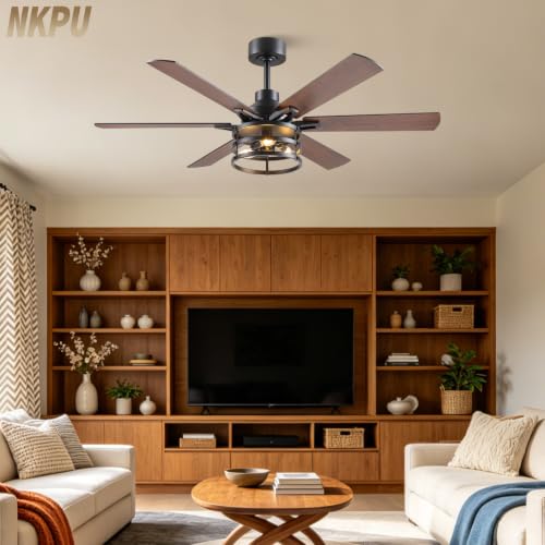 NKPU 52 Inch Farmhouse Ceiling Fan with Light and Remote, Brown Industrial Caged Rustic Ceiling Fan with 6 Speed - color: walnut