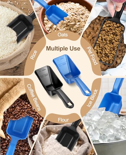 2-Pack Dog Food Scoop 1 Cup, Plastic Pet Food Measuring Scoop With Measuring Lines (1/2 & 1 Cup Markings) for Dogs, Cats, Fish, Bird（Black and Blue) - color: Black and Blue