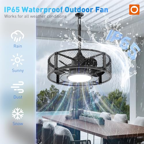 addlon 20" Outdoor Ceiling Fan with Light for Patio, IP65 Plug in Caged Fan | Waterproof, Hanging Hook, Reversible DC Motor, 6 Speeds, Remote Control, Quiet Operation, Timer, for Gazebo, Patio, Porch - color: Black Mesh Cage