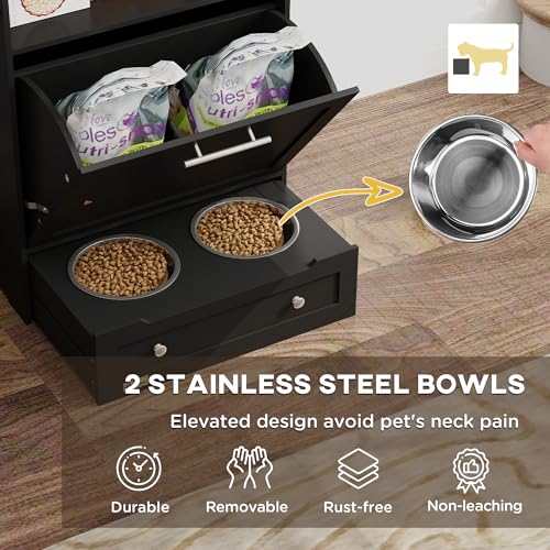 PawHut Dog Feeding Station with Raised Bowls, Pet Feeder Station, Black | Dog Food Storage Cabinet, Hanger for Feeding & Watering Supplies - color: Black