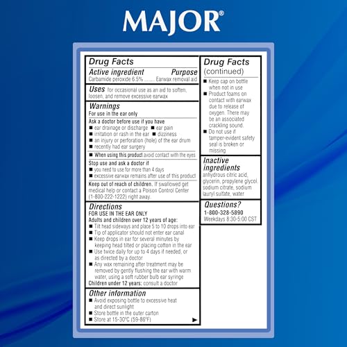 MAJOR Earwax Removal Drops with 6.5% Carbamide Peroxide, 0.5 Fl Oz (1-Pack) | Helps Soften, Loosen, and Remove Excess Earwax, Gentle & Safe Earwax Removal Aid for Adults & Children 12+ - size: 0.5 Fl Oz (Pack of 1)