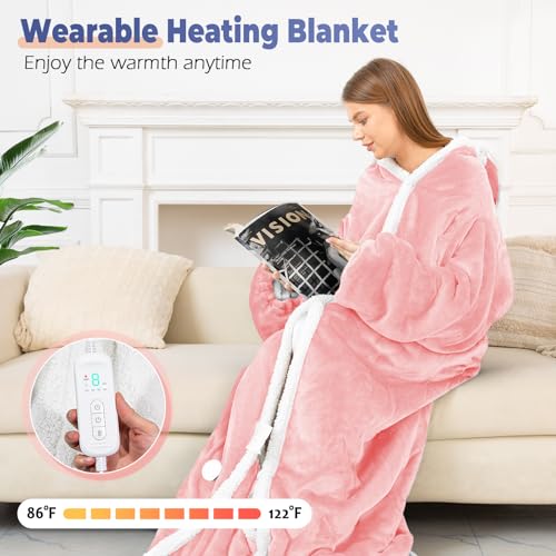 Wearable Heated Blanket with Foot Pocket, Electric Wearable Throw Blanket with Sleeves, Hood, Portable Heated Blanket with 8 Heat Settings, 1-10 Hours Auto Shut-off, Gift for Family, Friends, 50*70" - color: Pink