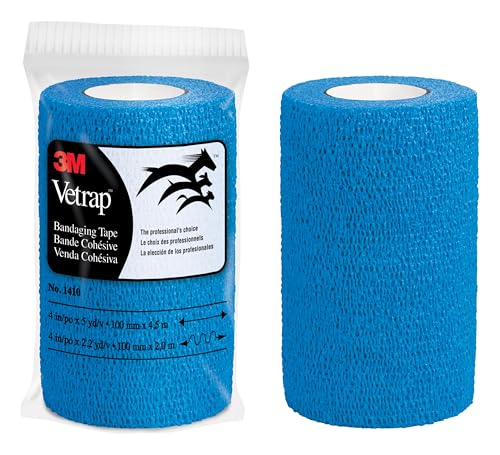 3M Vetrap Bandaging Tape, Blue, 4 in x 5 yd, 3 Pack (3 Rolls), Self-Adherent Cohesive Wrap, Hand-Tear, Latex-Free Hypoallergenic, Sticks to Itself Not Fur