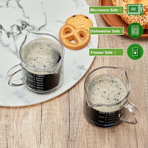 Ackers Etched Scale Espresso cup with Handle, Thickened Bottom and Wall, Double V-Shaped Spout,4OZ Milk Frothing Pitcher,120ML Milk Cup with Handle, Espresso Accessory (Pack of 2) - style: Engraved Graduations(Pack of 2)