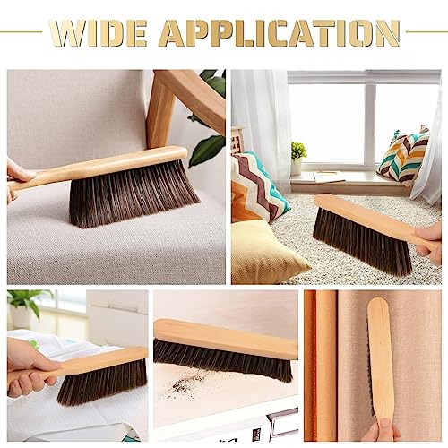 2 Pieces Woooden Dust Brush Hand Broom Bench Brush with Long Wood Handle Whisk Broom Soft Bristle Brush for Counter Bed Sofa Car Fireplace Clothes Household Cleaning - color: Brown