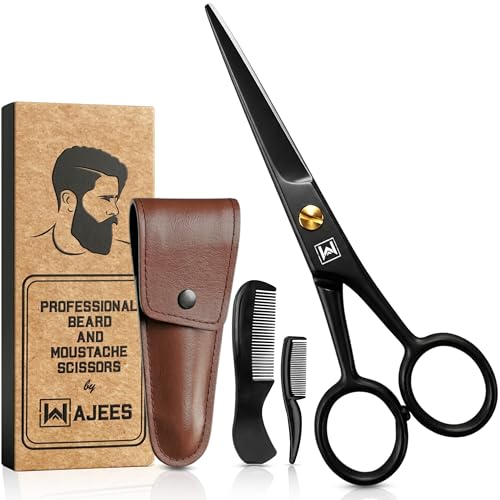 Beard & Mustache Scissors –5" Stainless Steel Grooming Kit with Case | Professional facial hair & beard trimming shear. Trims moustache, nose & eyebrows. Includes 2 mustache combs & travel pouch. - color: Black