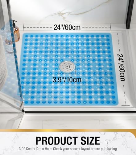 HITSLAM Non Slip Shower Mat, Square Bathtub Mat, 24x24 Inch, Blue | Diamond Textured PVC Bath Mat With Suction Cups, Shower Stall Mat with Center Drain Hole, Strong Grip, Machine Washable - color: Blue