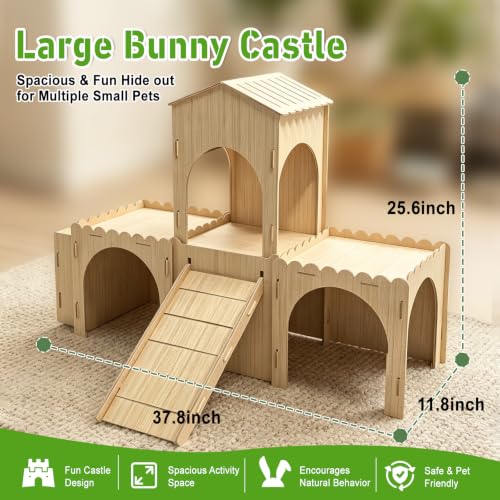 Large Rabbit Castle, Large Rabbit House Wooden Bunny House with Hay Feeder, Tool-Free Assembly for Small Animal Rabbit Guinea Pig Hedgehog