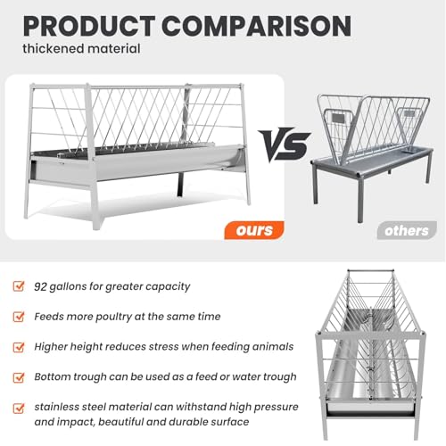 92 Gallon Steinless Steel Goat Hay Feeder，2-in-1 Design with 62 Gal Top Hay Feeder and 30 Gal Base Trough，Corrosion Resistant Livestock Feeder for Barns, Pastures, Farms