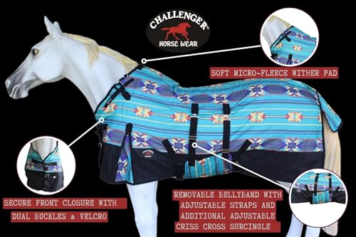 Challenger 1200D Turnout Waterproof Rain Horse Sheet Light Winter Blanket 378B - color: Turquoise Aztec, size: 74 inches