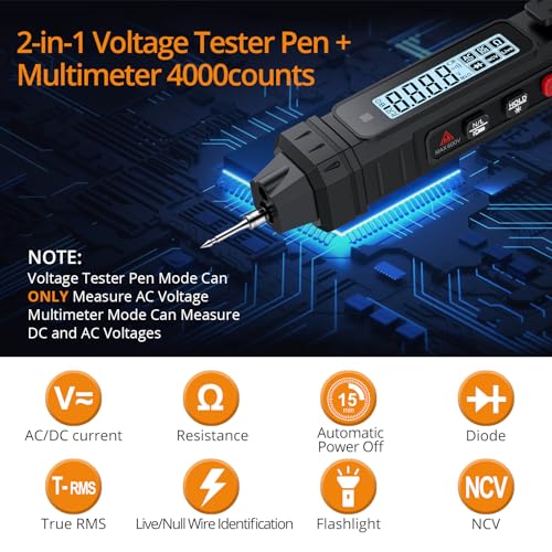 Neoteck 4000 Counts 2 in 1 Pen Type Digital Multimeter Voltage Tester | Intelligent TRMS Multimeter Non-Contact Voltmeter for AC/DC Voltage Resistance Continuity Capacitance Diode Live Wire-Black - color: Black, size: 4000 Counts