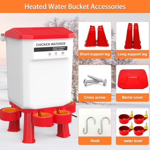 Hanging Heated Chicken Waterer, 2 Gallon Plastic Chicken Water Heater Heated Poultry Drinker, Detachable Legs, Winter and Summer Dual-use, Poultry Water Heater for Chicken Goose Duck - Red