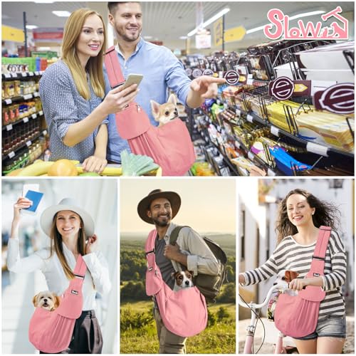 SlowTon Dog Carrier Sling - Thick Padded Shoulder Strap Adjustable, Peach S | Dog Carriers for Small Dogs, Puppy Carrier Purse for Pet Cat with Front Zipper Pocket Safety Belt Machine Washable - color: I-Peach Cotton Fabric
