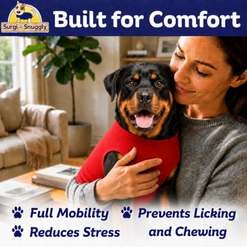 Surgi Snuggly Dog Surgery Recovery Suit, Cone Alternative, Spay/Neuter 2XLS | Dog Recovery Suit for Dogs — Veterinarian-Invented Surgical Suit & Recovery Onesie with Easy Bathroom Access After Surgery - color: Radiant Red, size: 2 Extra Large Small(L-28"-