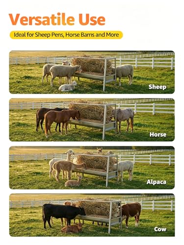 Pasture Feeder, 90 Gallons Multiple Sided Goat Hay Feeder, Stainless Steel Hay Rack with 27'' Wide Tray for Goats, Sheep, Horses, Lamb, Ease of Assembly, Detachable Grain Tray, Silver - style: Stainless Steel